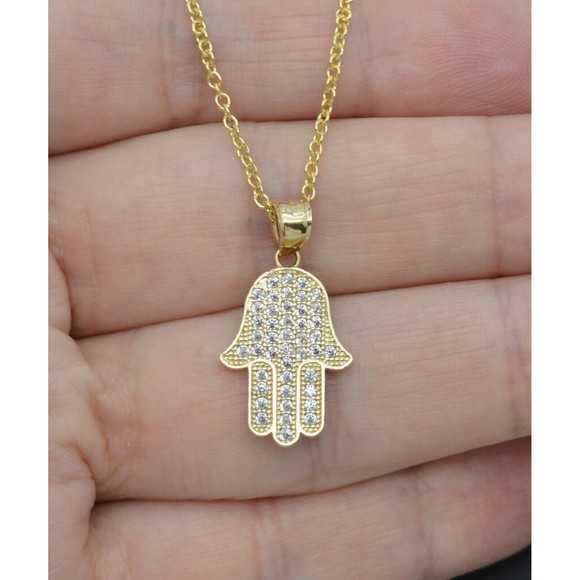 10K Solid Yellow Gold Hamsa cz Pendant Good Luck Charm